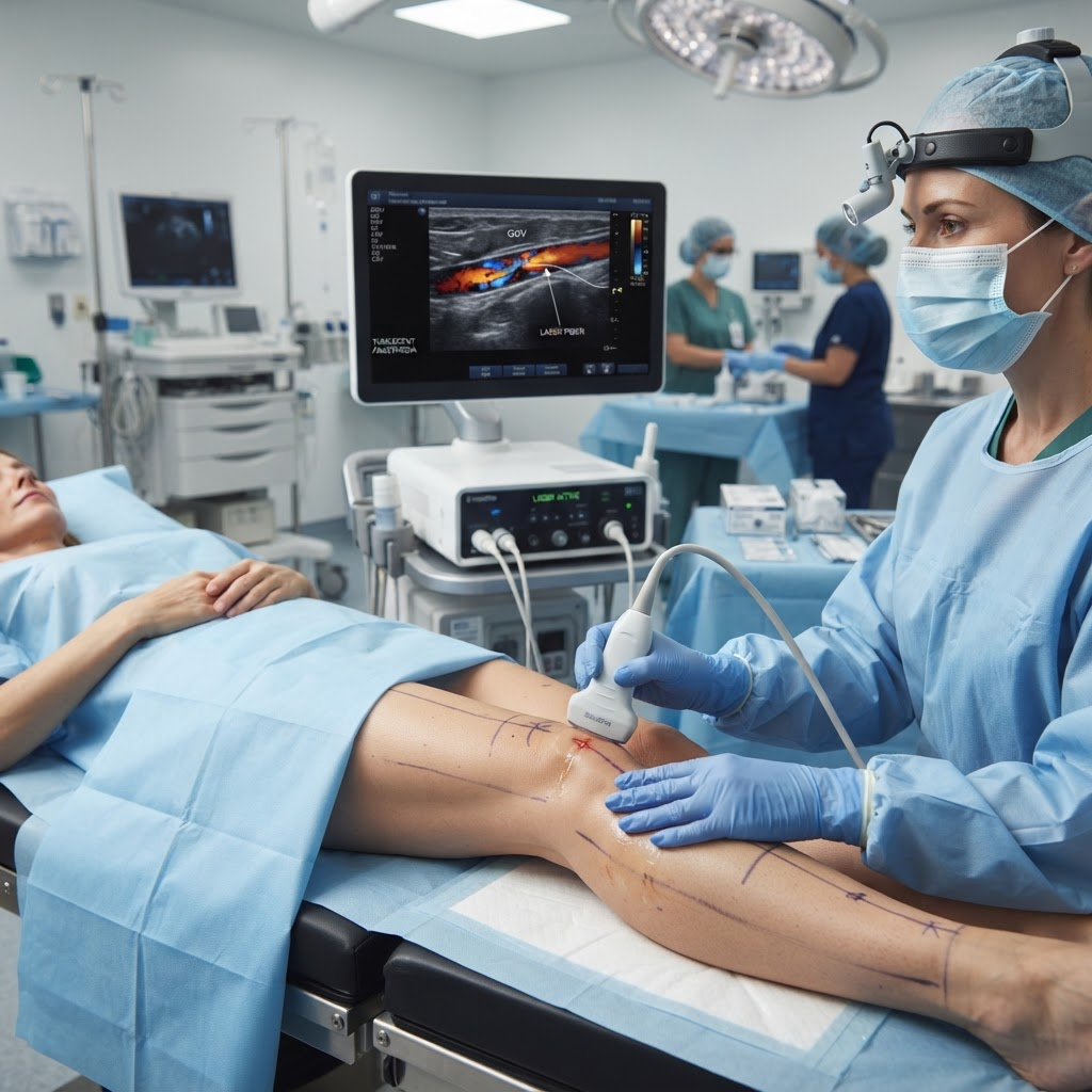 Cirurgião vascular realizando avaliação por ultrassom da safena durante procedimento de Endolaser